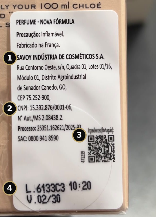 Etiqueta em português de um perfume importado vendido na Arome